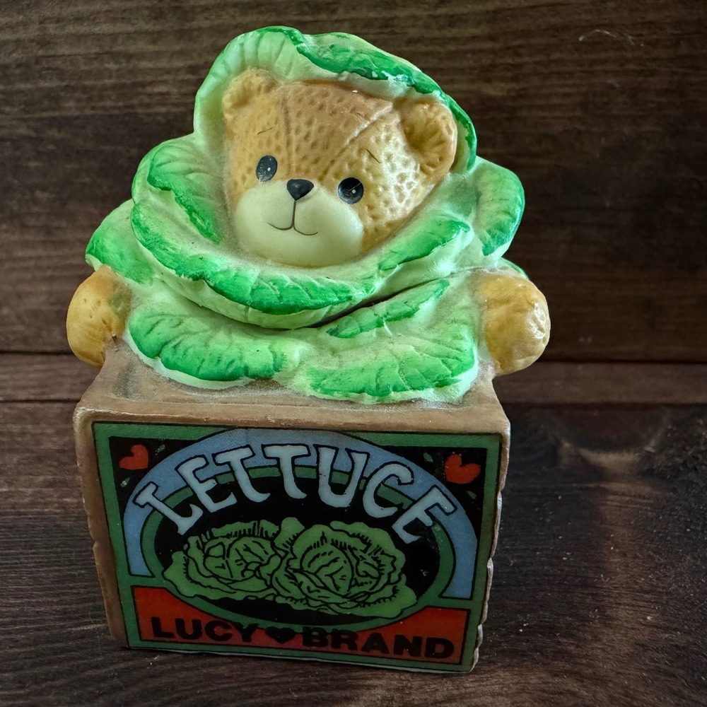 Vintage 1994 Lucy & Me Enesco Teddy Bear in Lettuce Crate Porcelain Figurine